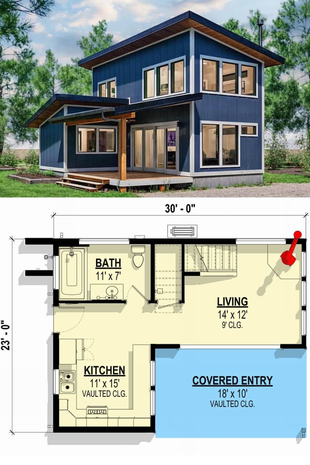 Two Story Contemporary Style 1 Bedroom ADU With Covered Entry 