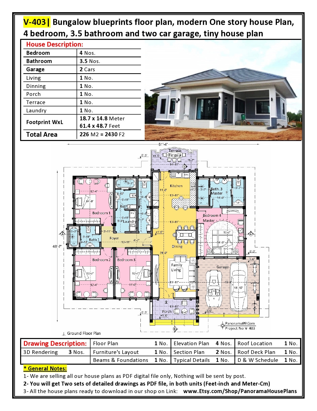 V 403 Bungalow Blueprints Floor Plan Modern One Story House Plan 
