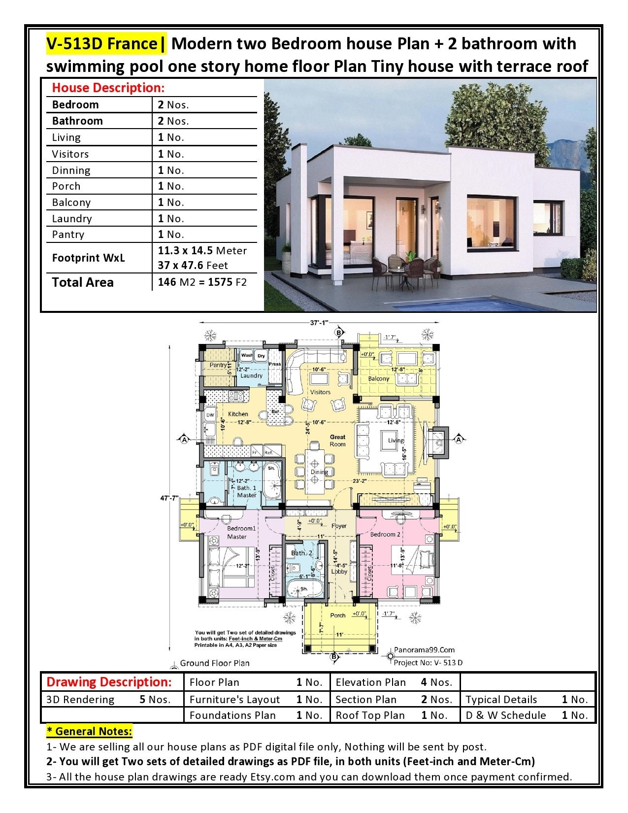 One Floor 2 Bedroom House Plans