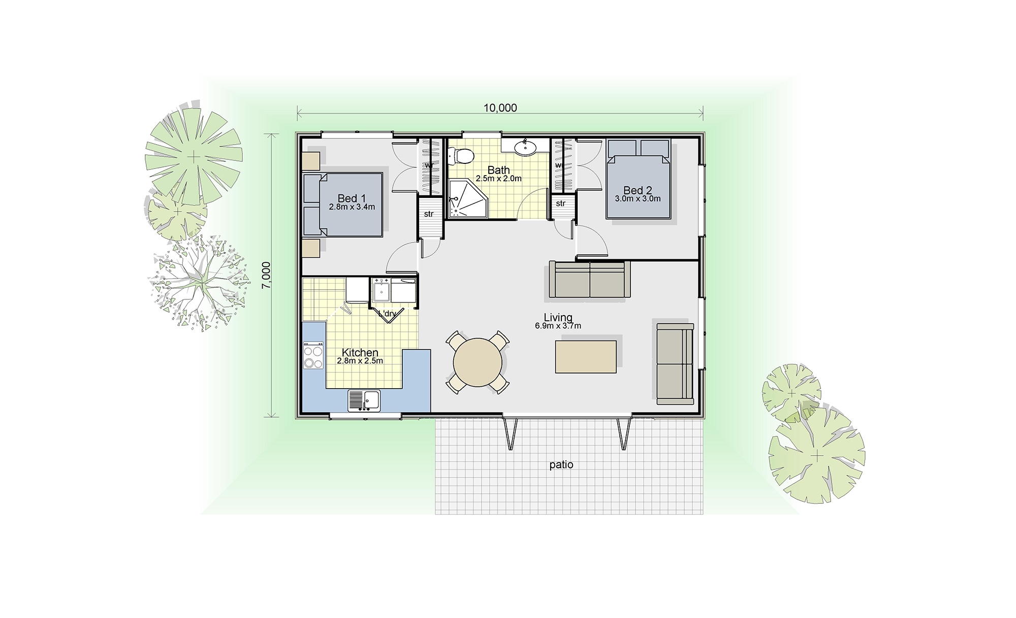 White Heron House Plan 2 Bedroom Single Level House 70m2 