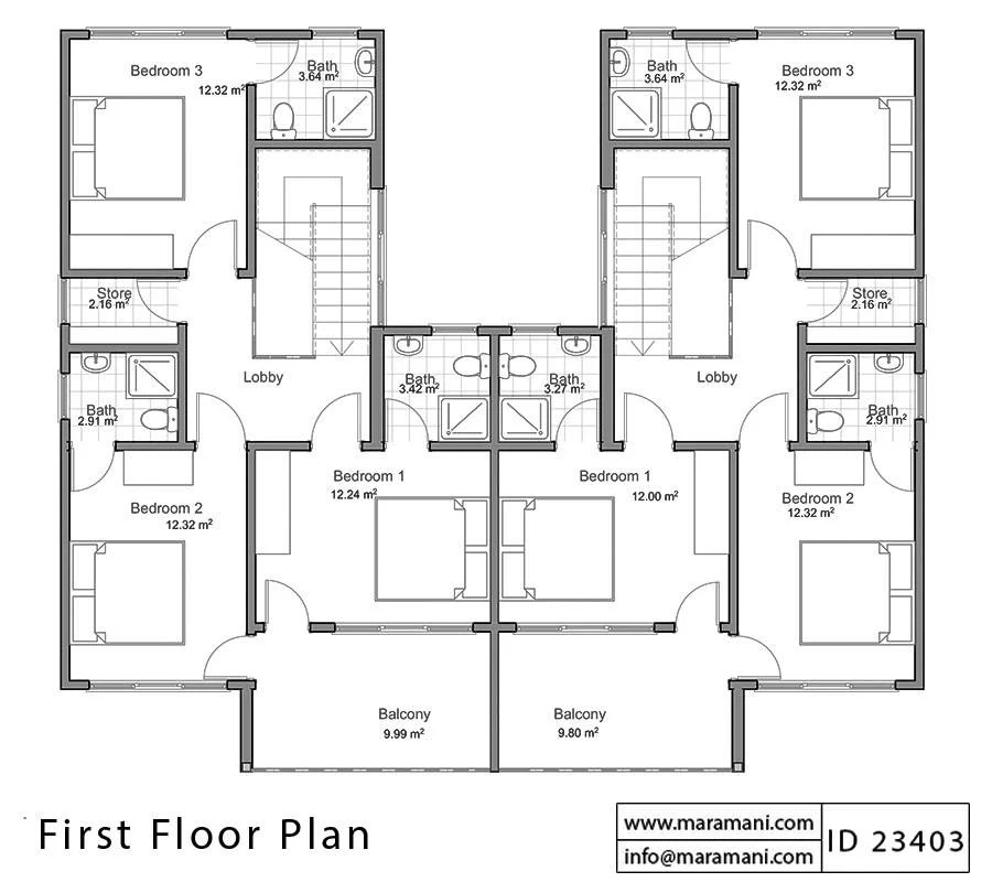 Three Bedroom Duplex House Plan