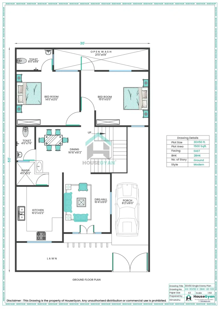 30X50 East Facing 2BHK Ground Floor House Plan 1500 Sqft Plot Floor Plan