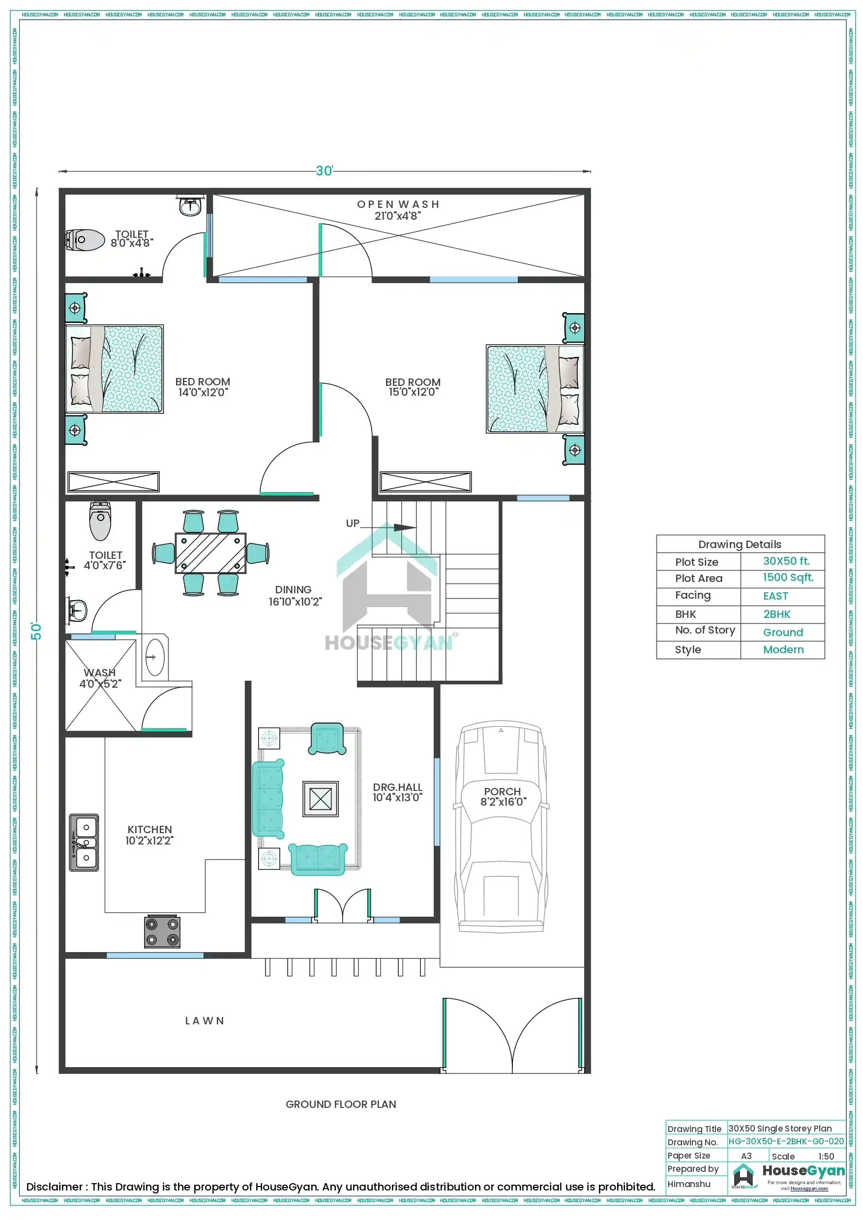 30x50 House Plans 2 Bedroom
