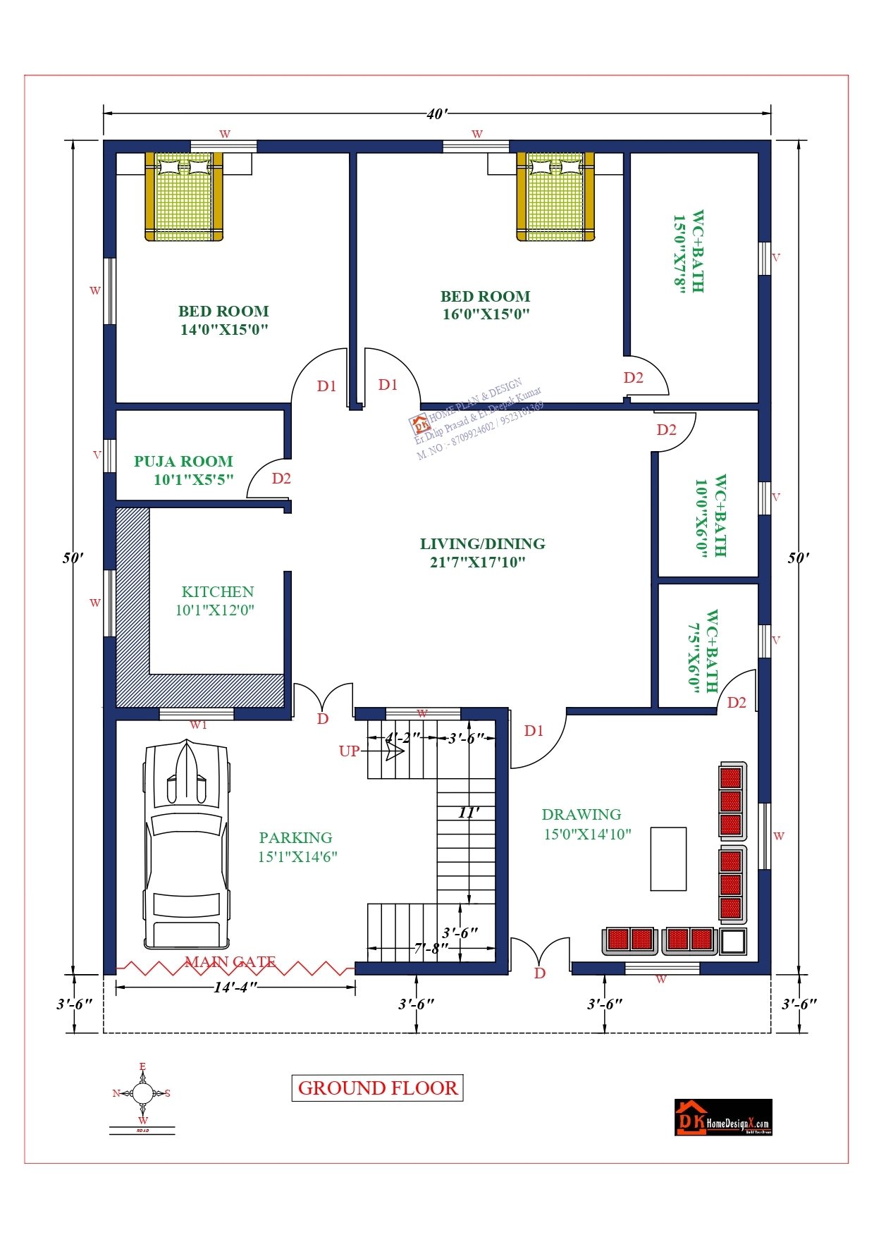 40x50 House Plans 4 Bedroom