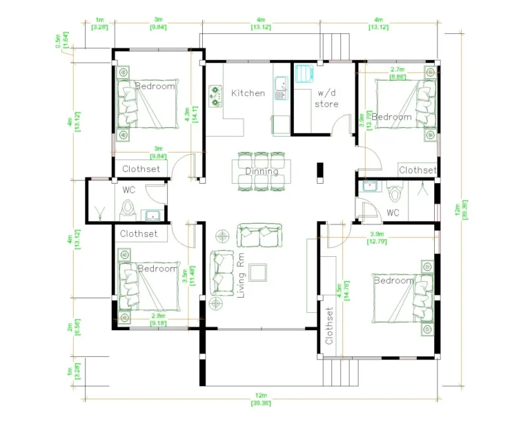 House Plans 12x12 Meter 4 Bedrooms Hip Roof 40x40 Feet SamHousePlans