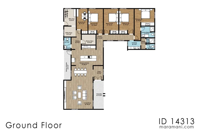 L Shaped 4 Bedroom House 1D 14313 Floor Plan By Maramani
