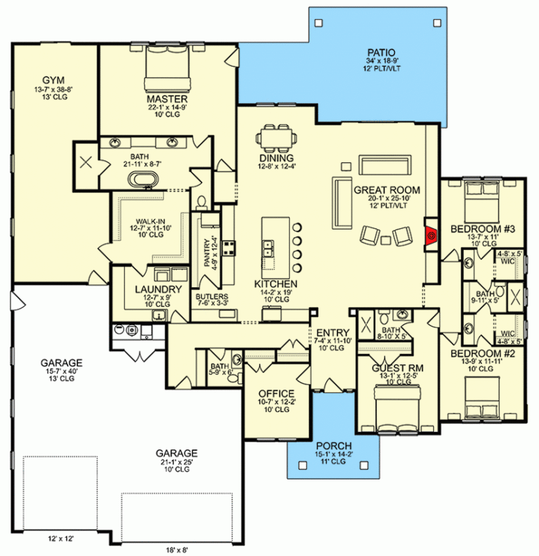 Plan 580035DFT 4 Bed Modern Farmhouse Plan With Home Office And Gym 3415 Sq Ft
