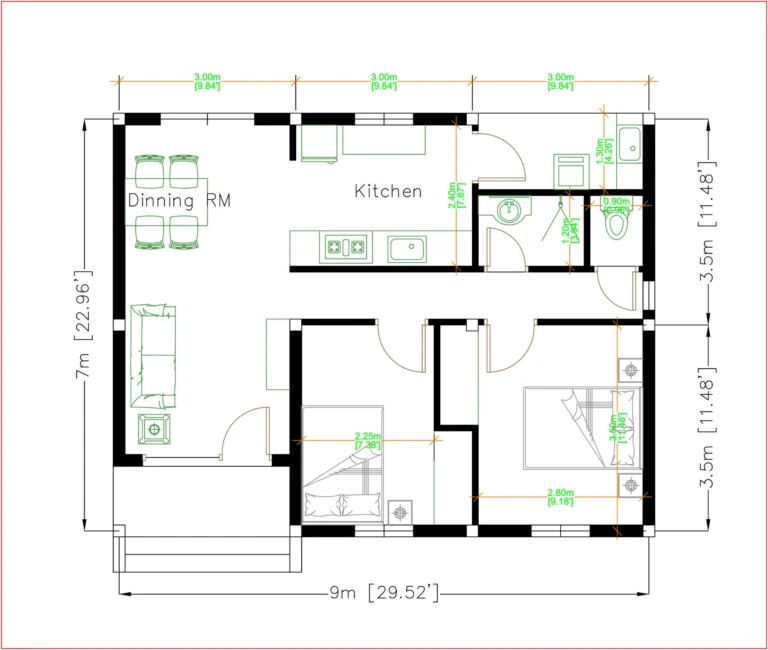 Small House Plans 9x7 With 2 Bedrooms Hip Roof SamHousePlans